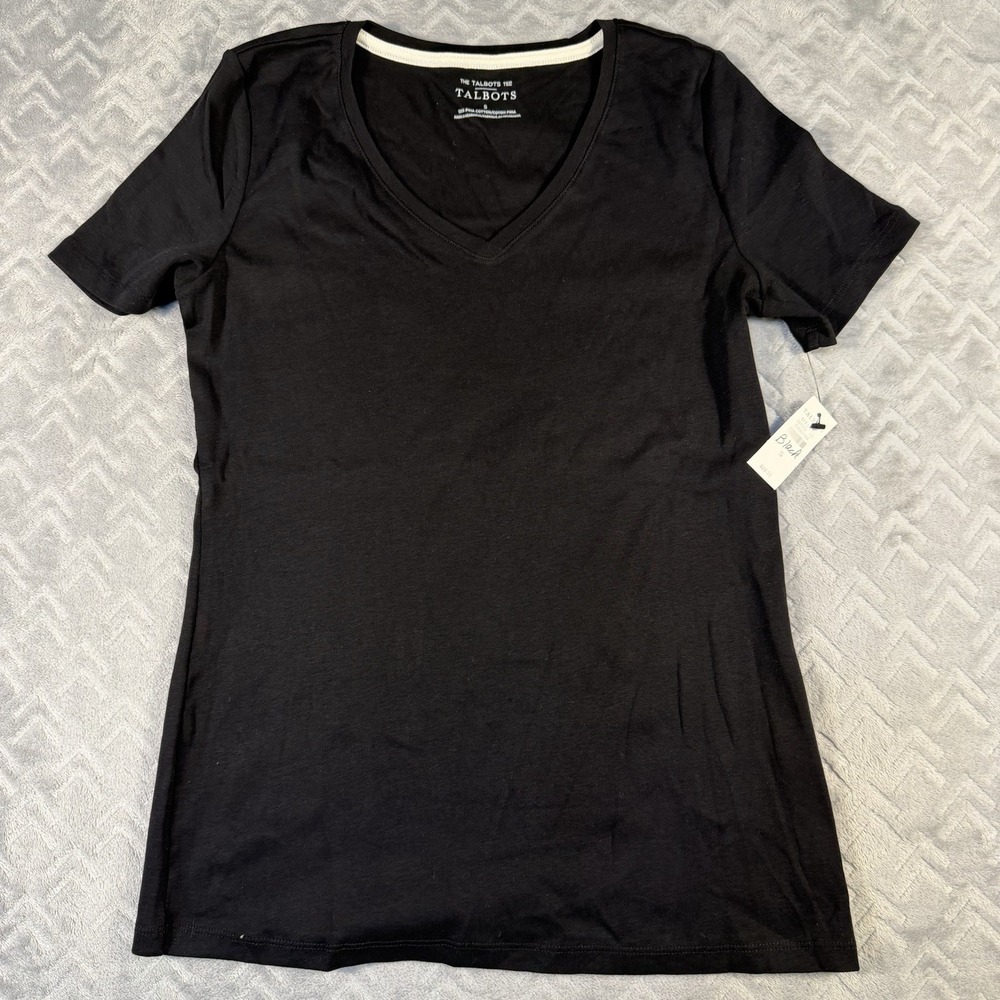 Talbots Tee Women's Small Black Short Sleeve V-Neck T-shirt New With Tags ***